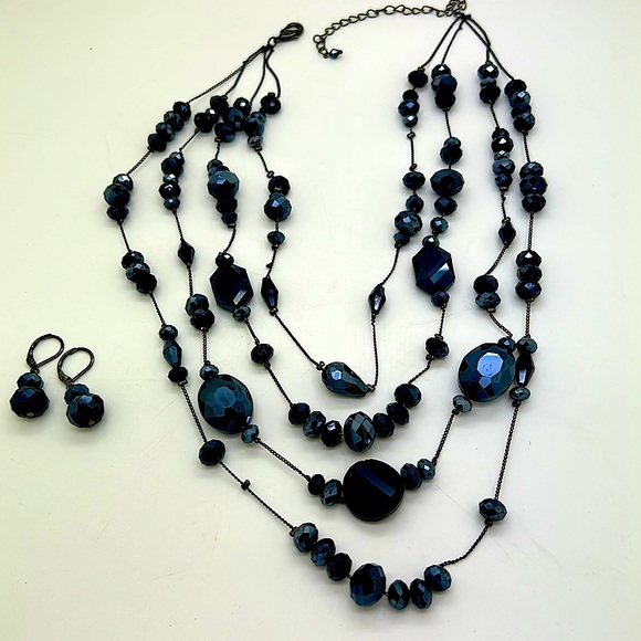 Black Cut Glass Beaded Four Strand Necklace w/Matching Dangle Earrings/16”-20” - Picture 3 of 4